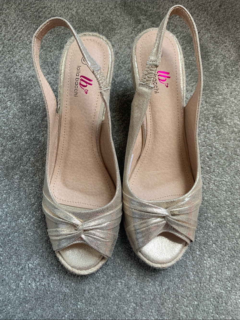 Shimmery Champagne Peep-Toe Slingback Wedges